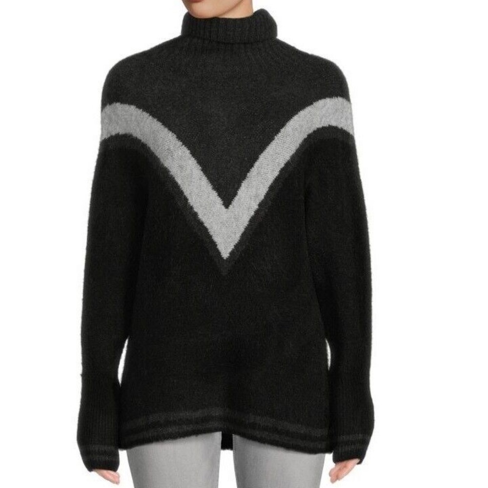 Max Studio Long Sleeve Jacquard Black Gray Funnel Neck Sweater. Size Medium. NWT